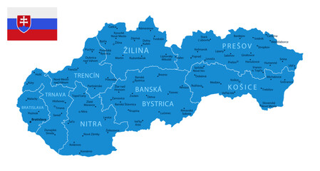 Slovakia - detailed blue country map with cities and regions. Vector illustration.