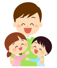 お父さんに抱きつく子供達　家族