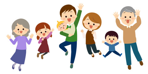 喜びでジャンプする三世帯家族