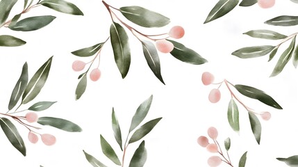 Naklejka premium Watercolor Eucalyptus Greenery Leaves and Berries Pattern Background