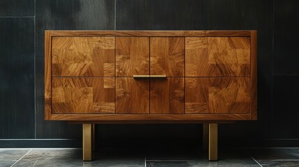 Wooden cabinet with a modern design against a dark background.