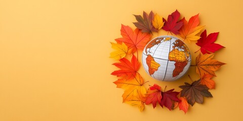 Creative Minimalist Autumn Globe with Bright Fall Leaves Forming Continents on a Yellow Background