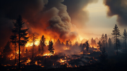 Fototapeta premium A group of firefighters in helmets and protective gear work together in a smoky forest, using tools to control a blazing fire as flames rise and ash fills the air, surrounded by charred trees.