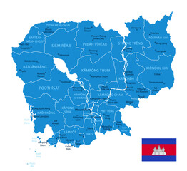 Cambodia - detailed blue country map with cities and regions. Vector illustration.