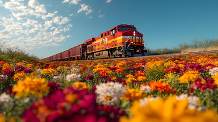 Freight Train Rolling Through a Field of Blossoms