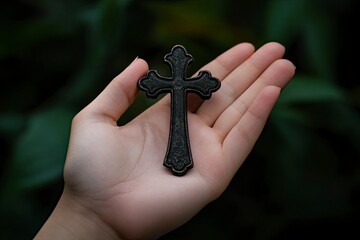 Woman's hand with cross .Concept of hope, faith, christianity, religion, church online. generative ai