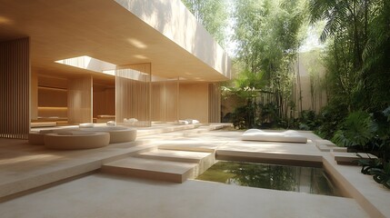 Fototapeta premium Serene modern space with natural elements and pool.