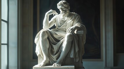 Marble Statue a stoic philosopher sitting on a throne thinking
