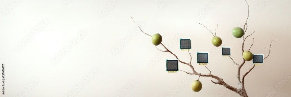 Poster minimalist graph of tree branches with microchips and fruits, futuristic technology nature concept