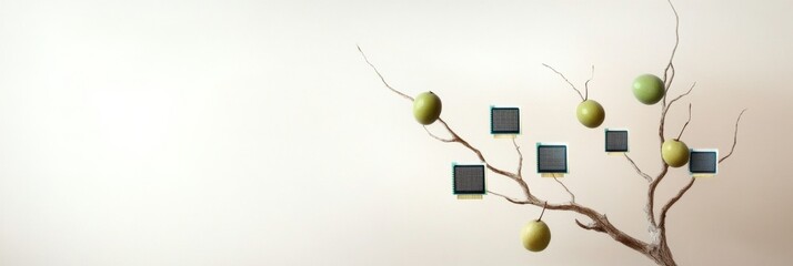 Minimalist Graph of Tree Branches with Microchips and Fruits, Futuristic Technology Nature Concept