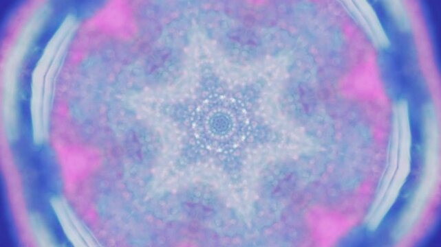 Winter mandala. Magic paint pattern. Defocused neon color glowing liquid splash sparkling snowflake symmetric ornament abstract art background.