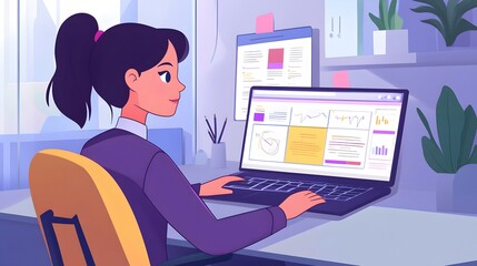 Woman Working at Desk with Laptop and Data Visualizations