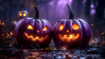 Fototapeta premium Spooky Purple Jack-O-Lanterns with Glowing Faces in Dark Forest