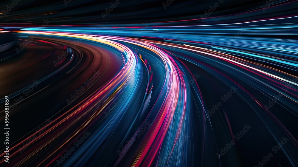 Poster capture vibrant streaks of light in a dark environment, simulating high-speed movement.