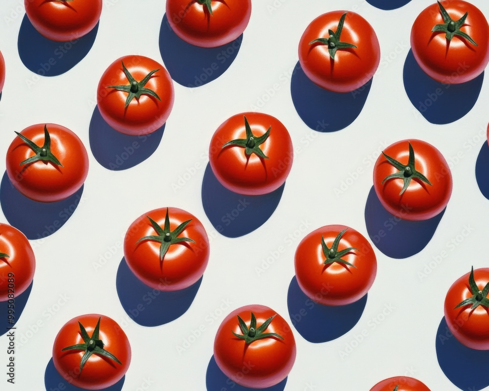Poster vibrant heirloom red tomatoes on light gray background with symmetrical shadow play