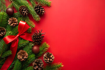 Christmas background with Red and black ribbon decorate with pine branch and pine cone over red background. Top view with copy space, flat lay