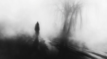 Mysterious figure walking through a foggy landscape.