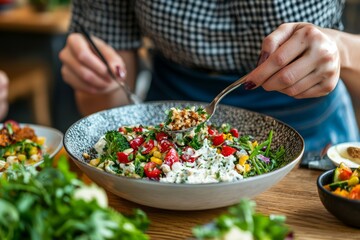 A person enjoying a healthy meal prepared with fresh ingredients. The nutritious food contributes to overall well-being