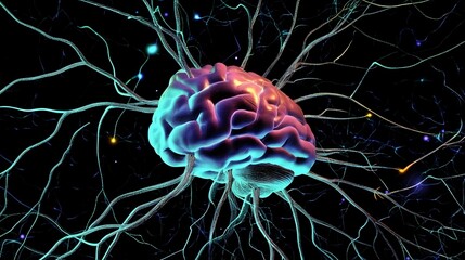 Detailed image of neural extensions branching out from a central hub in the brain