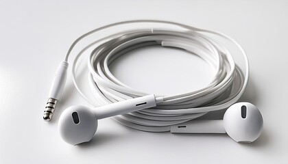 White Earbuds with Cable on White Background