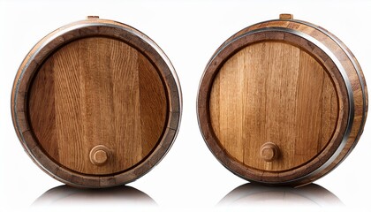Two Wooden Barrels with Metal Bands Isolated on White Background