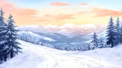 Winter Mountain Landscape with Snow Covered Trees and Pink Sunset Sky