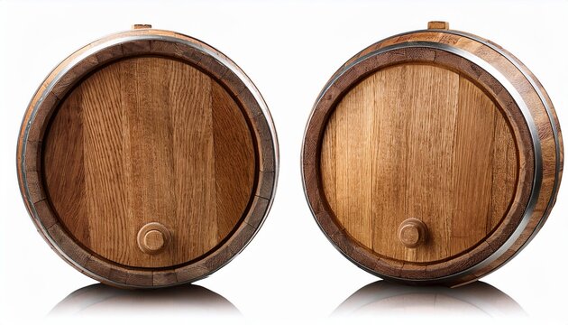 Two Wooden Barrels with Metal Bands Isolated on White Background