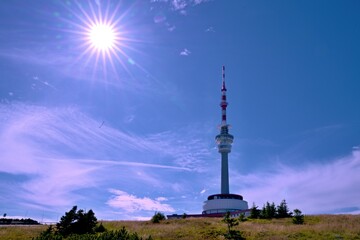 Fototapeta premium Highest Peak of Moravia, Praded 1492 m with Watchtover in Jesenik, Czech Republic