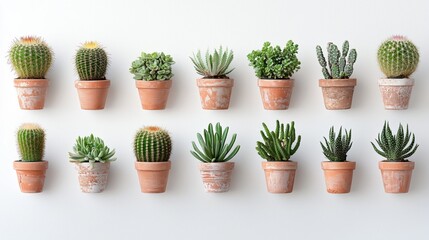 Photo of various cactus plants in pots against a white background