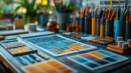 Colorful art supplies and palettes arranged on a creative workspace.