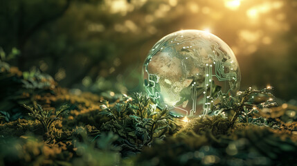 Transparent glass globe with digital circuits on forest ground, representing environmental technology and sustainability