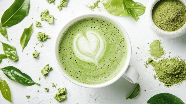 A creamy matcha latte with a heart design, surrounded by matcha powder and fresh green tea leaves on a light background.