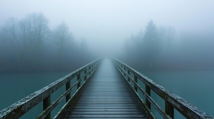 Naklejka premium A serene wooden bridge surrounded by a misty landscape, creating an atmosphere of tranquility and mystery in nature.