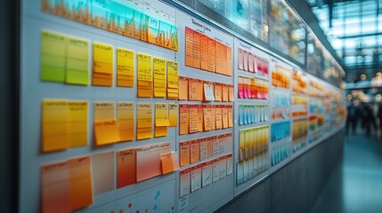 A wall filled with colorful sticky notes for project planning.