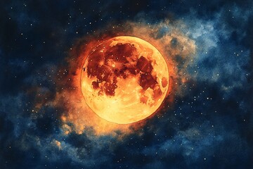Obraz premium Watercolor Painting of a Lunar Eclipse Illuminating the Night Sky