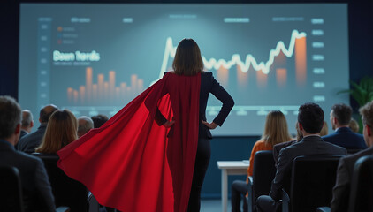 Businesswoman wearing red cape facing financial charts, symbolizing leadership and success. Business presentations, women empowerment, and leadership concepts.