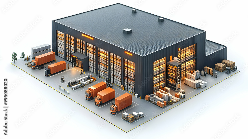 Poster warehouse distribution center with forklifts and trucks loading and unloading
