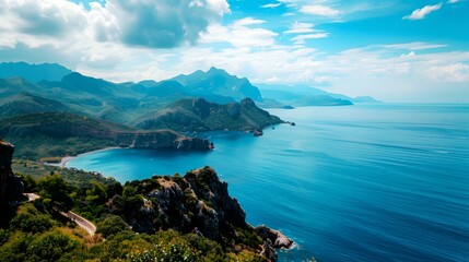 Fototapeta premium Blue sea top mountain landscape view, summer nature travel outdoor