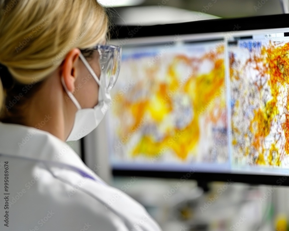Poster gender-neutral scientist analyzing data in high-tech lab for cultured meat research