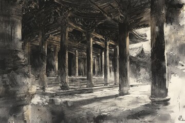 Fototapeta premium A serene ink painting of the Nanchan Temple Hall, with its massive wooden pillars and low, sweeping roofs depicted in dark, fluid strokes