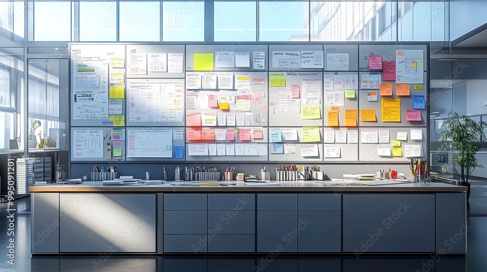 Poster office workspace with a wall of notes and colorful reminders.