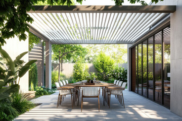 Fototapeta premium An outdoor dining area with white louvered panels on the roof
