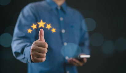 Customer thumb rise up with yellow illustration 5 stars virtual screening monitor for satisfaction evaluation survey and review.