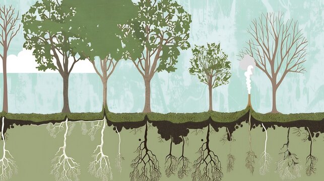 Retro vector illustrating impact of climate change on soil health and carbon sequestration