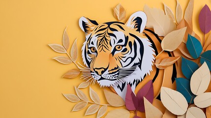 Fototapeta premium Frontal view of a beautifully crafted paper cut tiger, with carefully placed leaves adding an ornate touch to the composition.