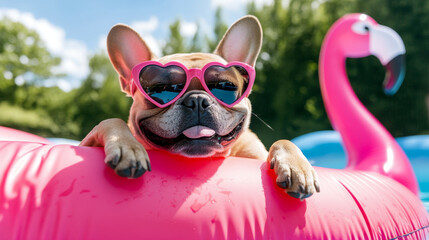 Fototapeta premium A close up photo of French Bulldog wearing heart shaped sunglasses, relaxing on pink inflatable float. dog exudes playful and cheerful vibe, perfect for summer fun