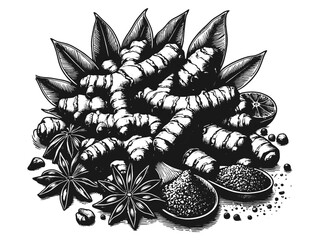 Spice for cooking. Detailed black and white. Recipe and nutrition concept. Vector, generative ai.