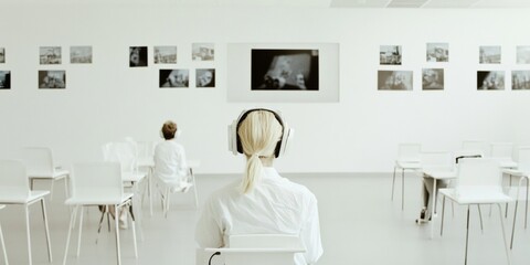 Futuristic Classroom with Holographic Displays and Single Student Wearing Headphones