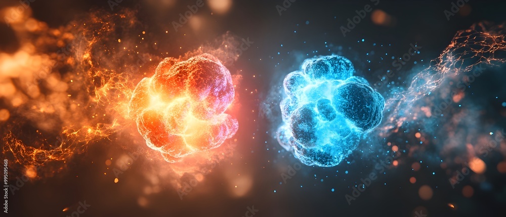 Poster visualizing the atomic interplay contrasting nuclear fission and fusion processes in cosmic imagery 