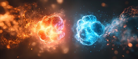 Obraz premium Visualizing the Atomic Interplay Contrasting Nuclear Fission and Fusion Processes in Cosmic Imagery with Copy Space for Text